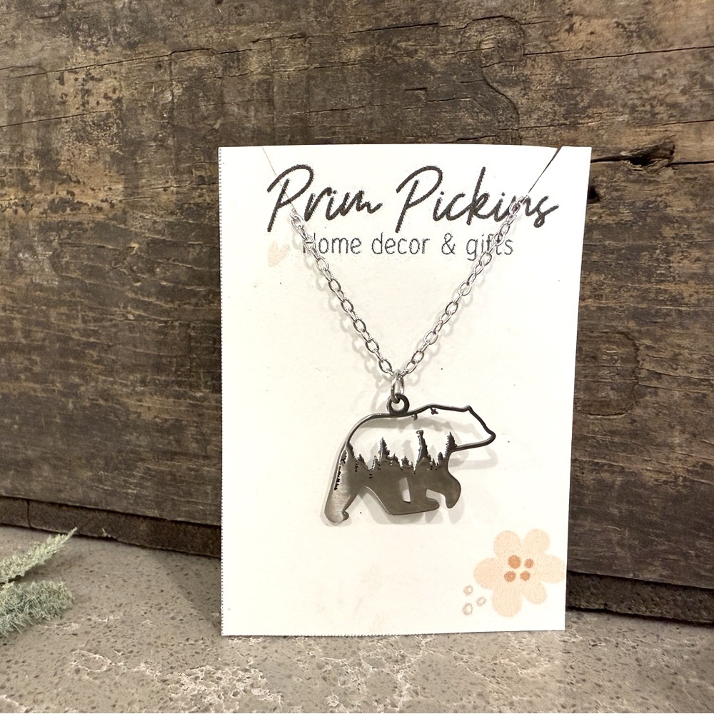 Dark Silver black laser cut Bear Pendant Necklace